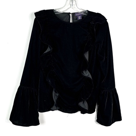 Amaryllis Black Velvet Velour Ruffle Detail Bell Sleeve Keyhole Cutout Blouse XS - Picture 1 of 4
